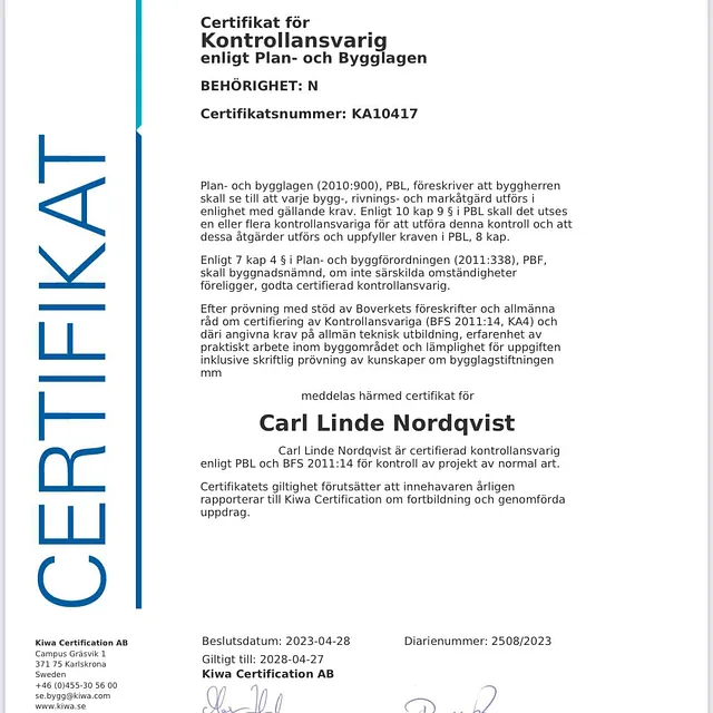 Certifikat för kontrollansvarig, behörighet N